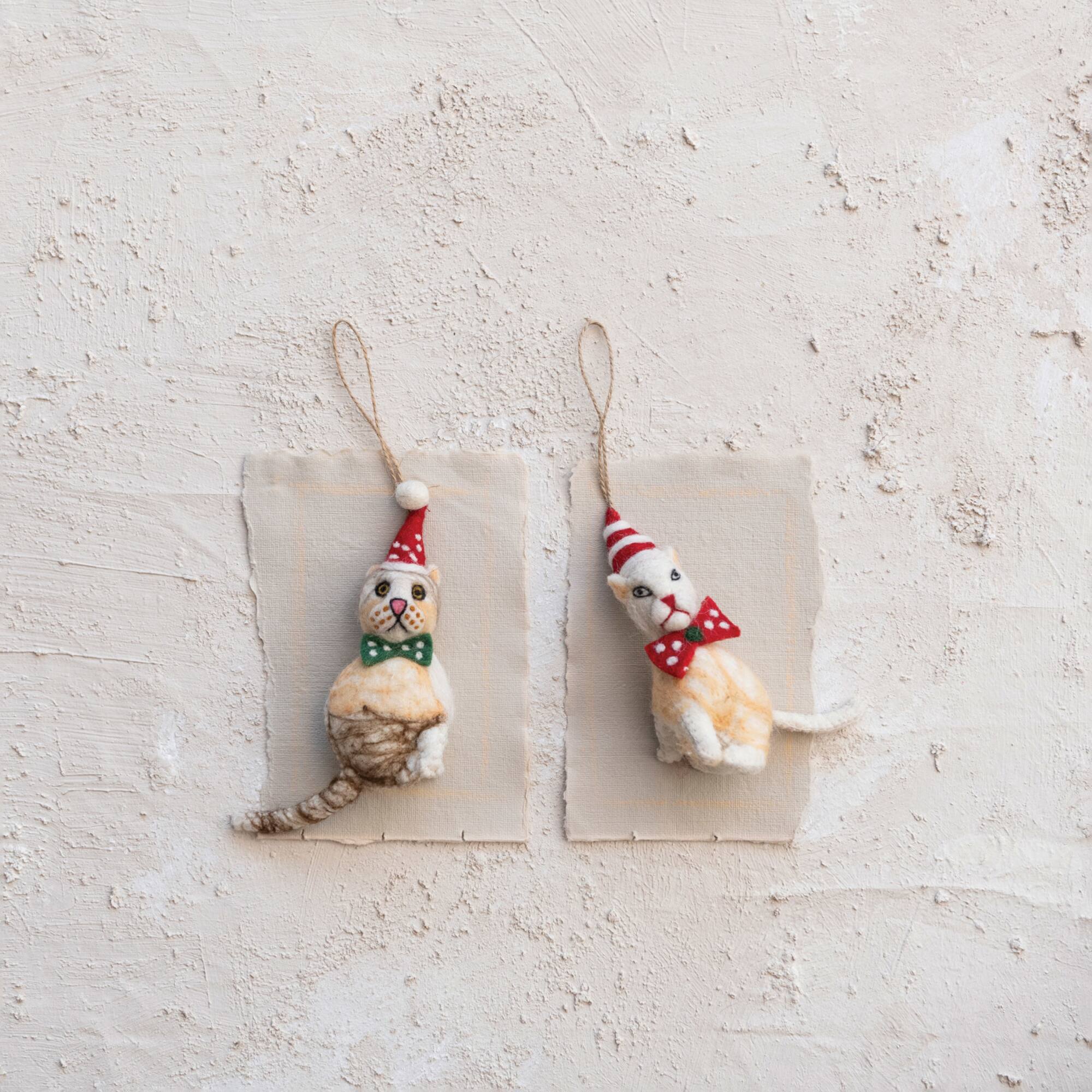 Hello Honey® Handmade Wool Felt Cat Ornament Set with Hat, Bow Tie & Embroidery